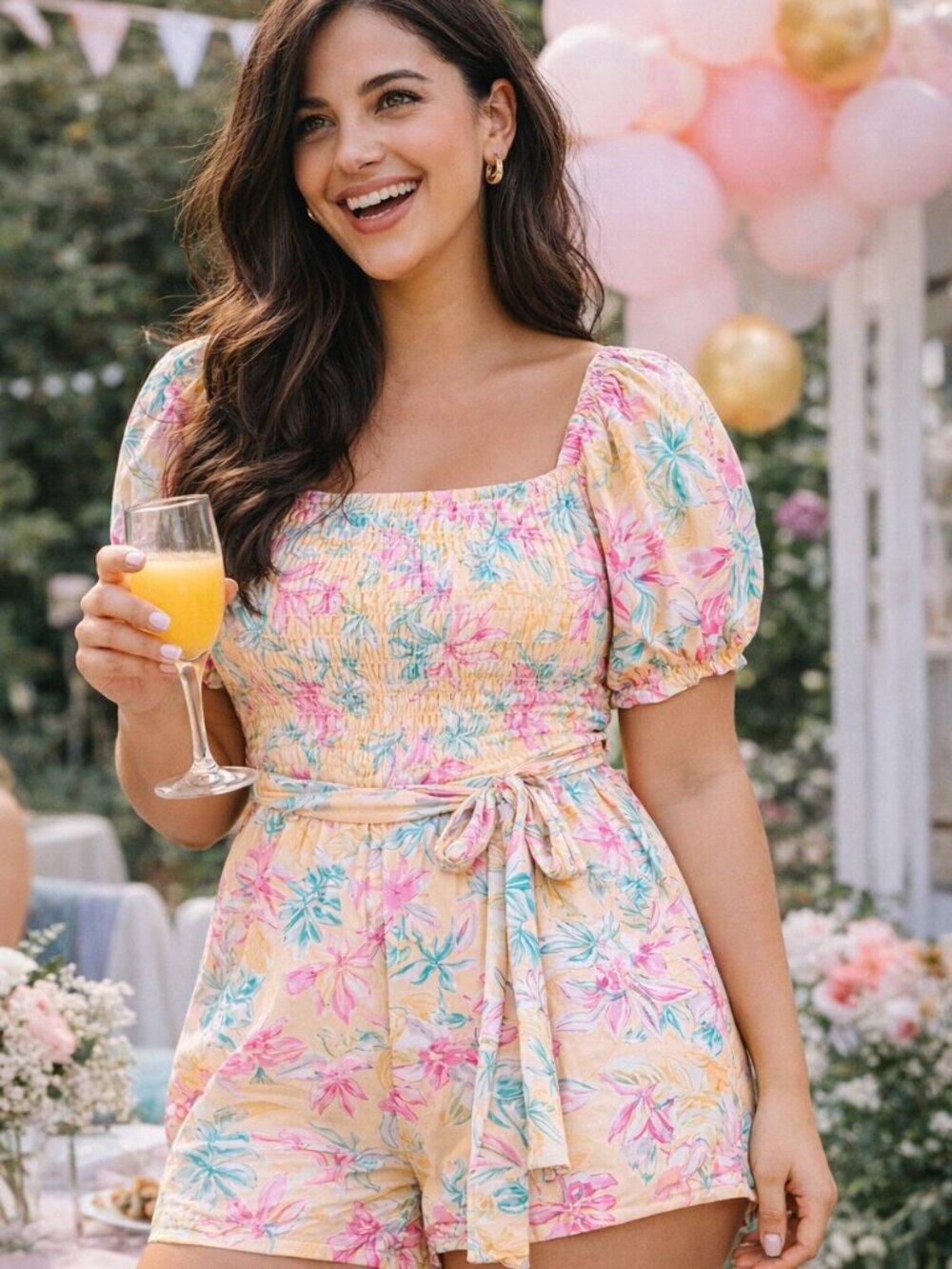 Lost + Wander Peach Pink Floral Romper Puff Sleeve Rayon Size M Vacation Outfit